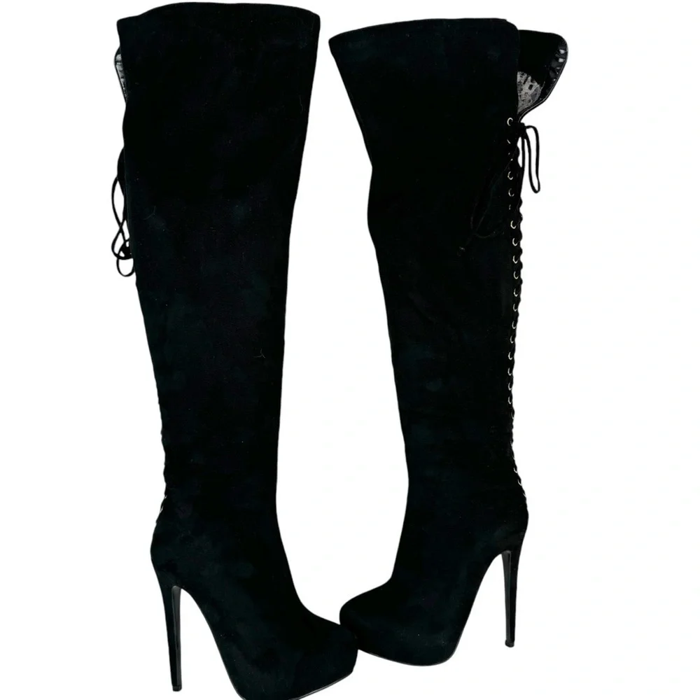 Steve Madden Ladysnte Lace Up Thigh High Boots Platform Black Faux Suede SZ 6.5
